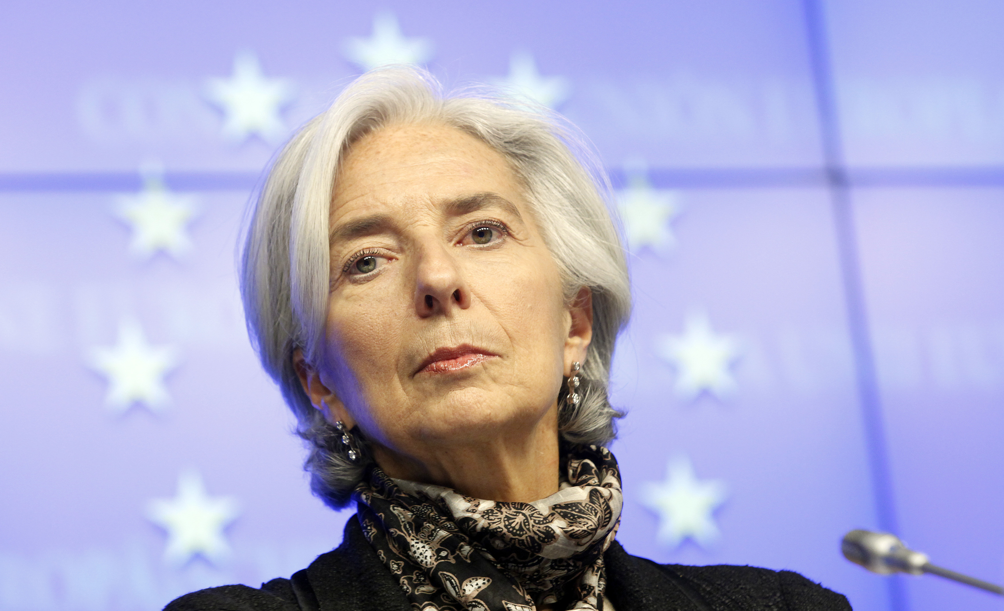 IMF executive director Lagarde attends a news conference after a Eurogroup meeting in Brussels
