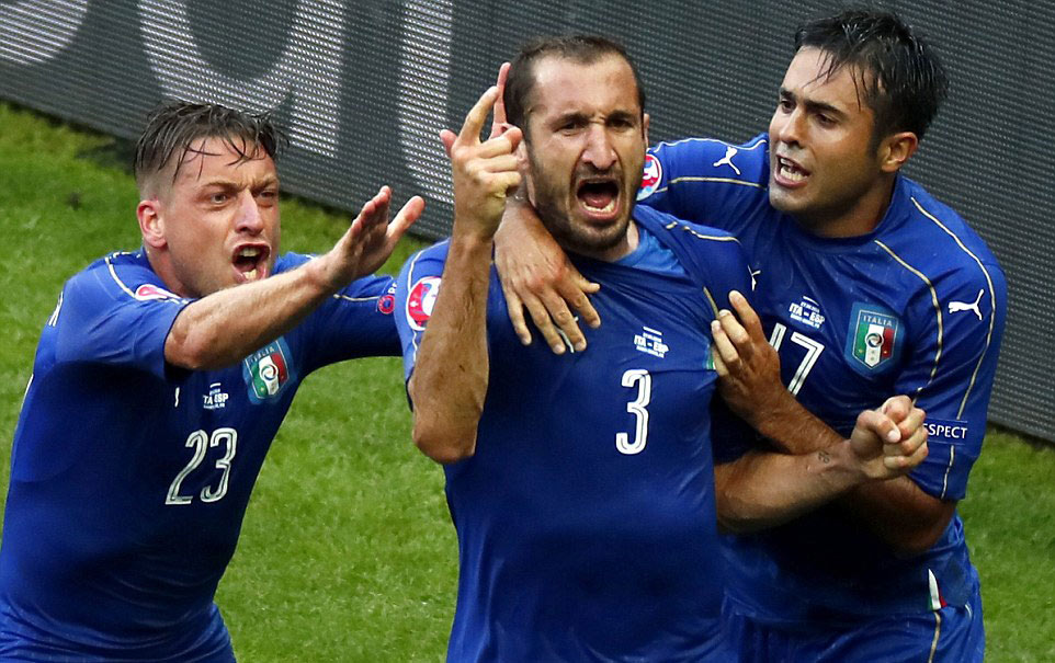 Italy celebrating their first goal by Chiellini (Photo: EPA)