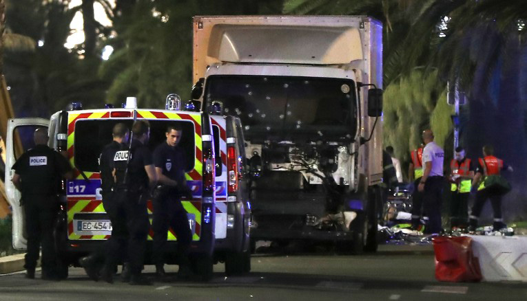 The truck the man used to kill almost 80 people is covered with bullet holes after the police shot and killed the perpetrator