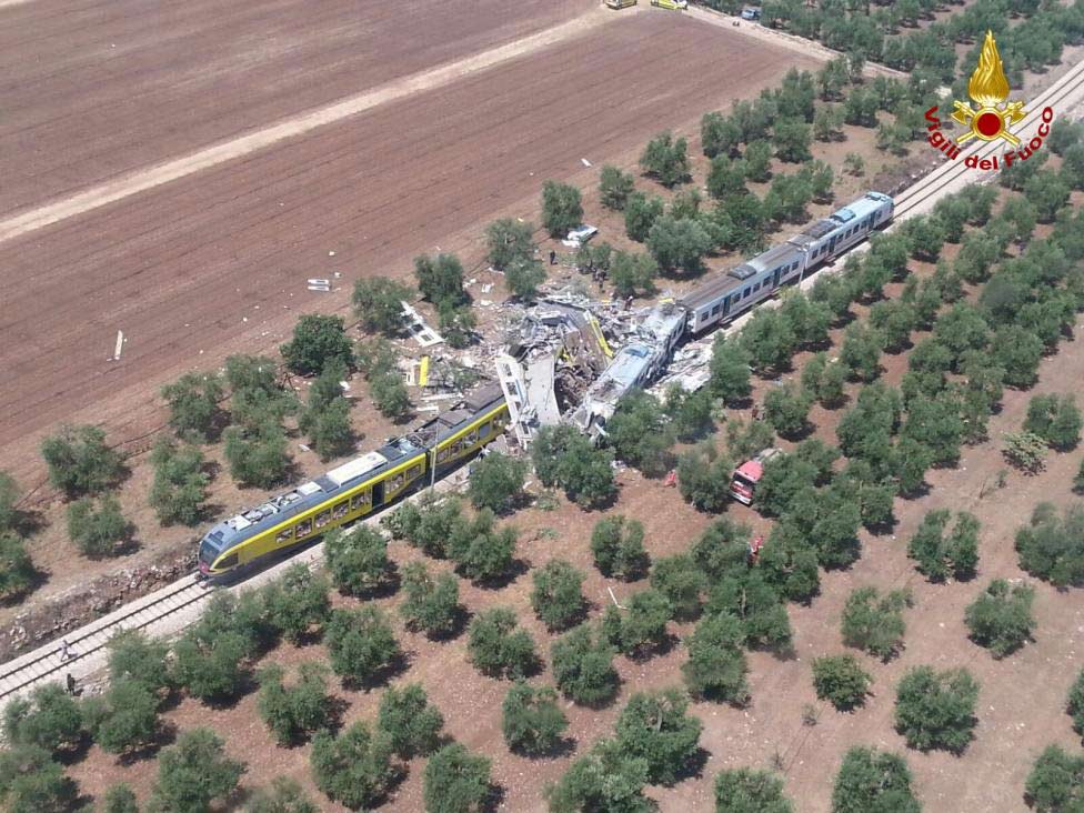 The crash site in Apulia region. The two trains had four carriages each collided while travelling on the same track. (Photo: Italian Fire Fighters)